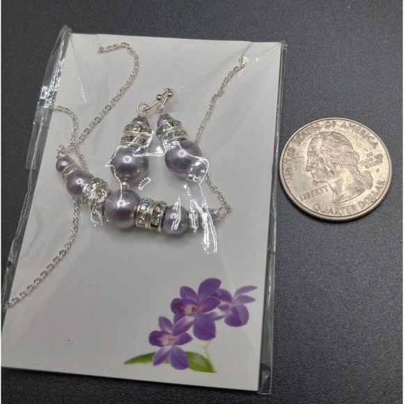 NWT Alex Andreas Lavender Pearl Rhinestone Necklace Dangle Earrings Silver Tone - Picture 2 of 3